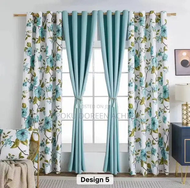 3 Piece Teal Floral & Solid Panel Curtains - 1