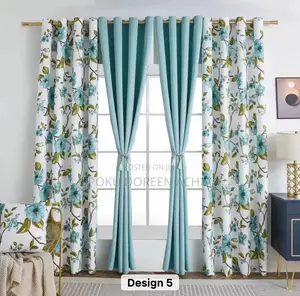 3 Piece Teal Floral & Solid Panel Curtains