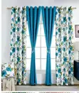 3 Piece Teal Floral & Solid Panel Curtains - 2