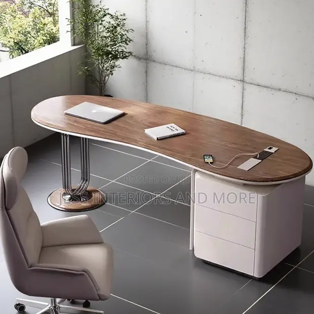 Office Desk (Wood Curved Desk With Drawers) - 1
