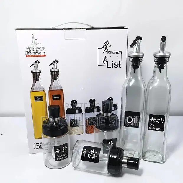 5-Piece Glass Oil Dispenser & Spice Jar Set (2x500ml, 3x100ml) - 1