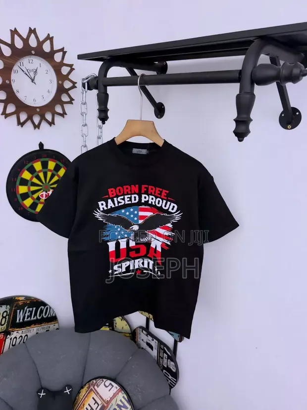 Black Graphic T-Shirt with USA Eagle Print - 1