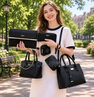 6-Piece Ladies Shoulder Handbag Set - Black Quilted Faux Leather