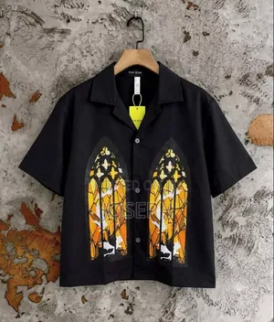 Black Short-Sleeve Button-Up Shirt with Colorful Gothic Graphic
