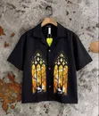Black Short-Sleeve Button-Up Shirt with Colorful Gothic Graphic - 1