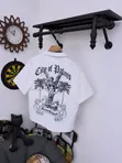 Black Short-Sleeve Button-Up Shirt with Colorful Gothic Graphic - 3