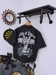 Black Short-Sleeve Button-Up Shirt with Colorful Gothic Graphic - 4