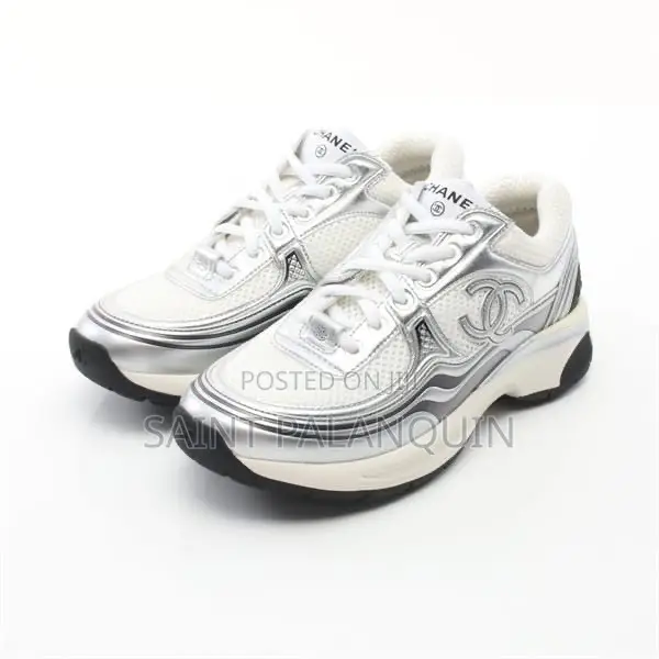 Chanel White and Silver Fabric & Laminated Sneakers - 1