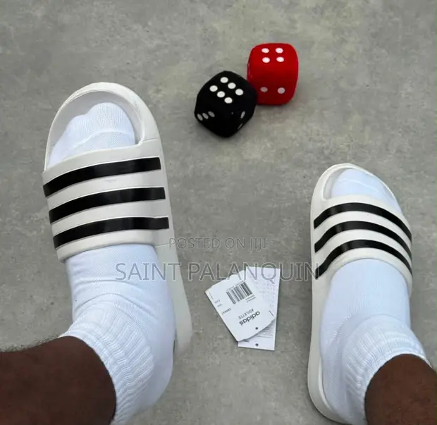White Adidas Slide Sandals with Three Black Stripes - 1