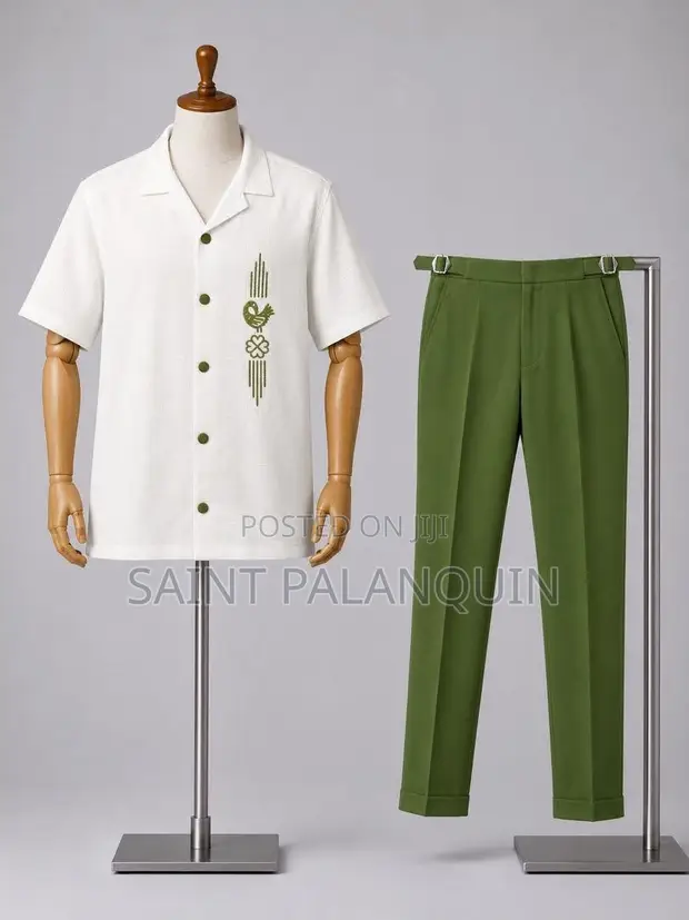 Men's Two-Piece Outfit: White Button-Up Shirt with Green Botanical Print - 1