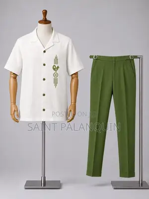 Men's Two-Piece Outfit: White Button-Up Shirt with Green Botanical Print