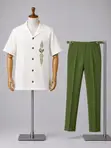 Men's Two-Piece Outfit: White Button-Up Shirt with Green Botanical Print - 1