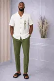 Men's Two-Piece Outfit: White Button-Up Shirt with Green Botanical Print - 2