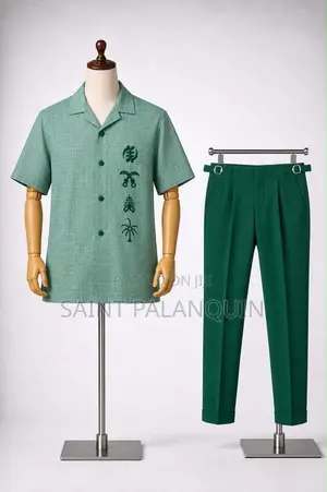 Stylish Men's Light Green Camp-Collar Two-Piece Set
