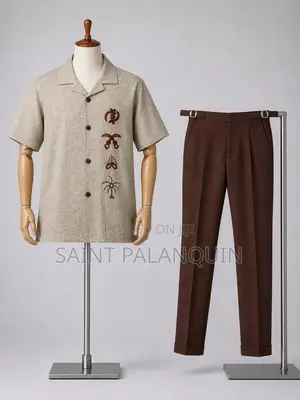 Resort-Collar Shirt with Dark Embroidery & Brown Cuffed Trousers