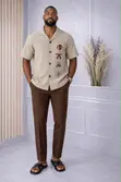 Resort-Collar Shirt with Dark Embroidery & Brown Cuffed Trousers - 2