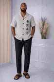 Men's Two-Piece Set: Light Grey Short-Sleeve Button-Up Shirt - 2