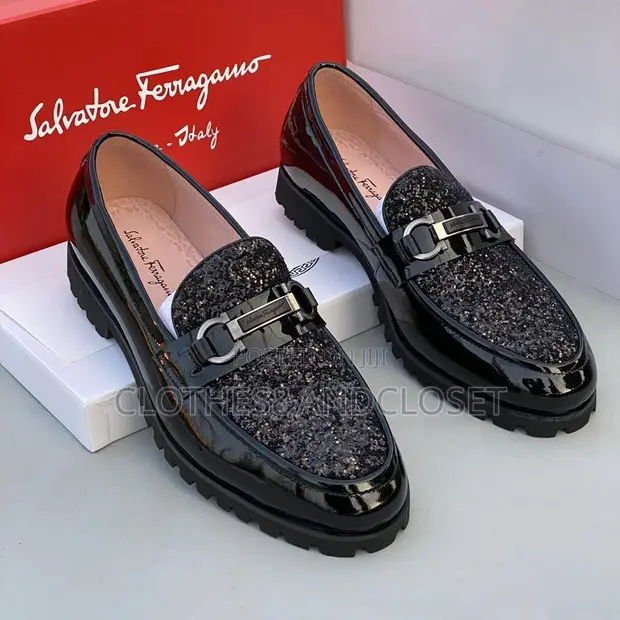 Salvatore Ferragamo Black Leather Loafers with Glitter Vamp - 1