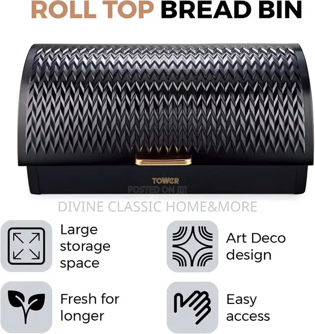 Tower Roll Top Bread Bin - Stainless Steel, Black & Brass - 1