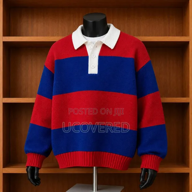 Chunky Knit Striped Rugby Polo Sweater - 1