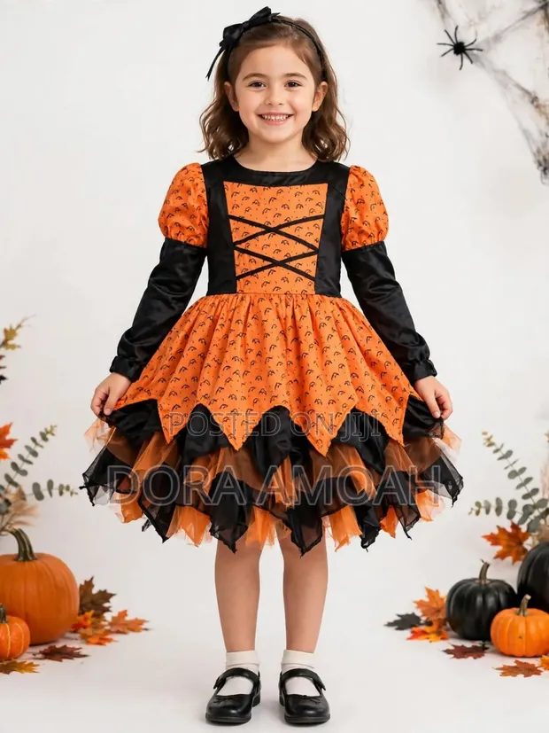 Kids Halloween Pumpkin Princess Tutu Dress - Orange & Black - 1