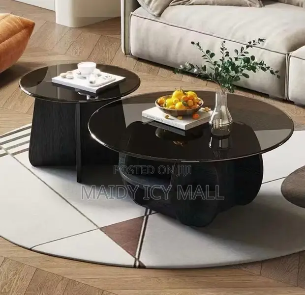 2-in-1 Center Table Set - Black Wood & Tempered Glass - 1