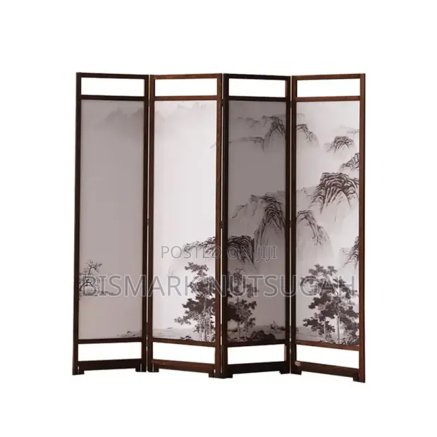 Four-Panel Folding Room Divider - Floral & Landscape Print - 1