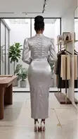 Silver Long Sleeve Maxi Dress - Classy Occasion Wear - 2