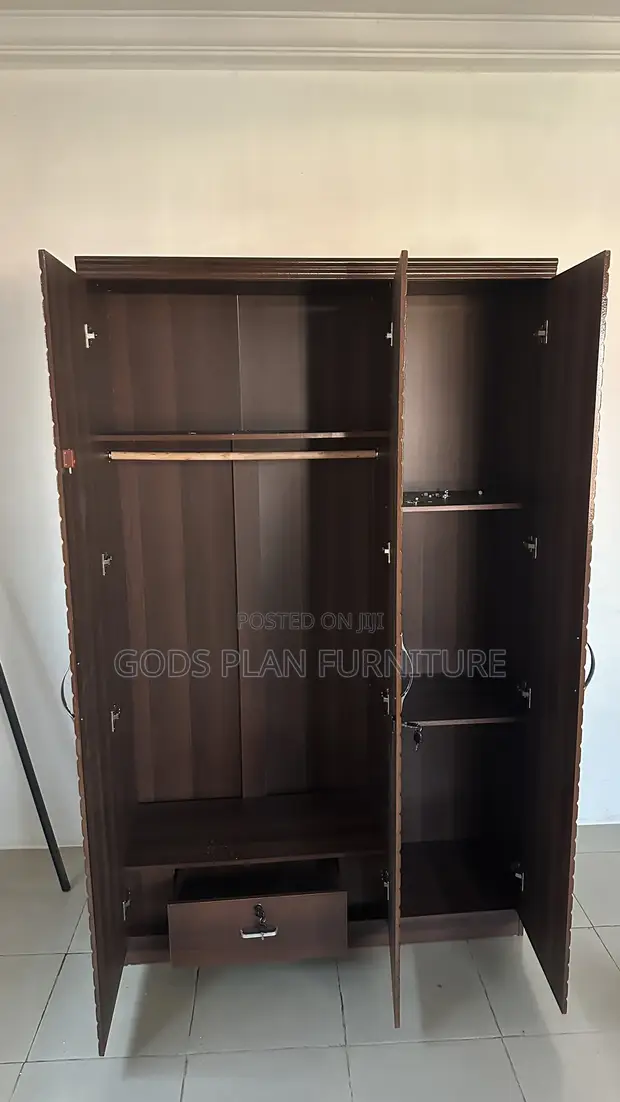 Dark Brown 3-Door Wardrobe with Lockable Drawer - 1