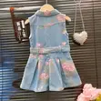 Girls' Floral Denim Dress with Belt - 1