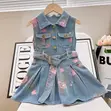 Girls' Floral Denim Dress with Belt - 2