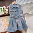 Girls' Floral Denim Dress with Belt - 3