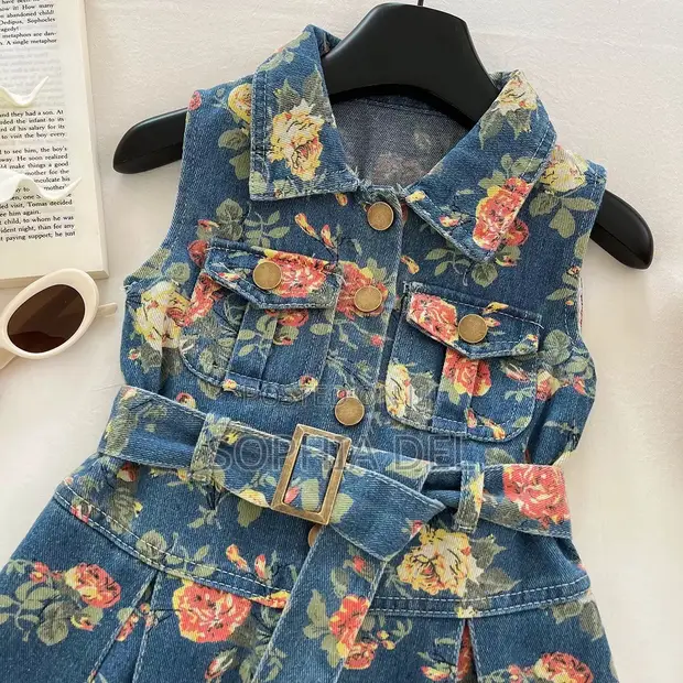 Girls' Floral Denim Dress with Belt | 4-10 Years - 1