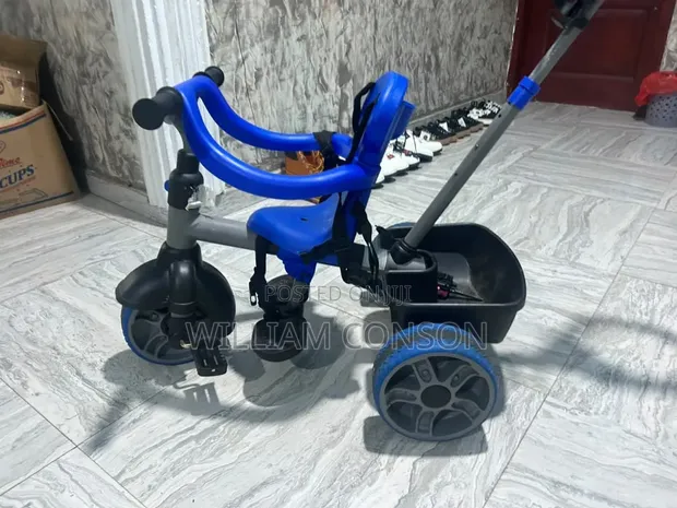 Kids 3-Wheel Tricycle with Parent Push Handle - Blue - 1