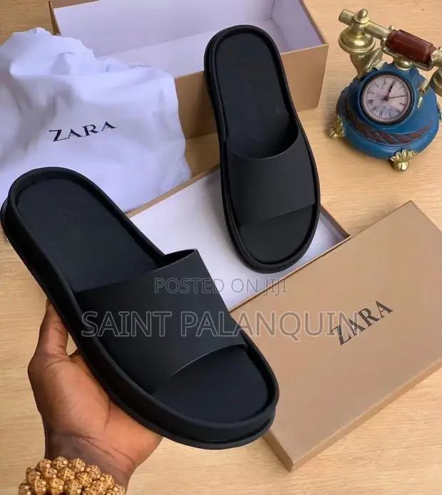 Zara Black Leather Slide Sandals - Brand New - 1