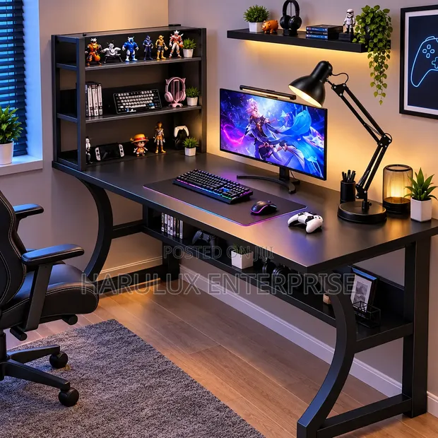 4-in-1 Gaming Desk Combo with Shelf, Lamp & Laptop Stand (Black) - 1