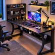 4-in-1 Gaming Desk Combo with Shelf, Lamp & Laptop Stand (Black) - 1