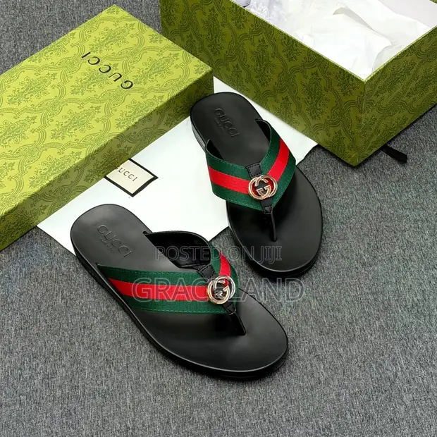 Original Men's Gucci Slippers - Green/Red/Green Straps - 1