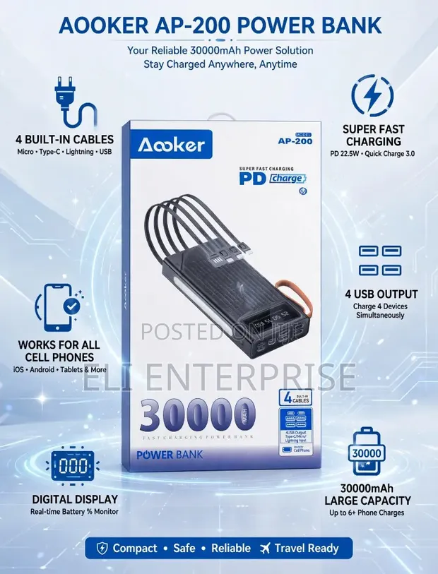 Aooker AP-200 30000mAh Power Bank with Built-in Cables - 1