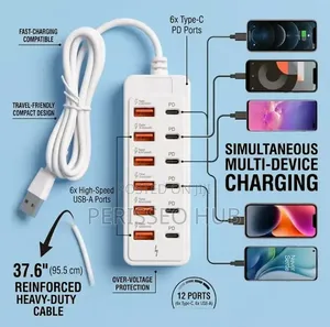 12-Port Fast USB Charging Station - 6x Type-C PD + 6x USB-A