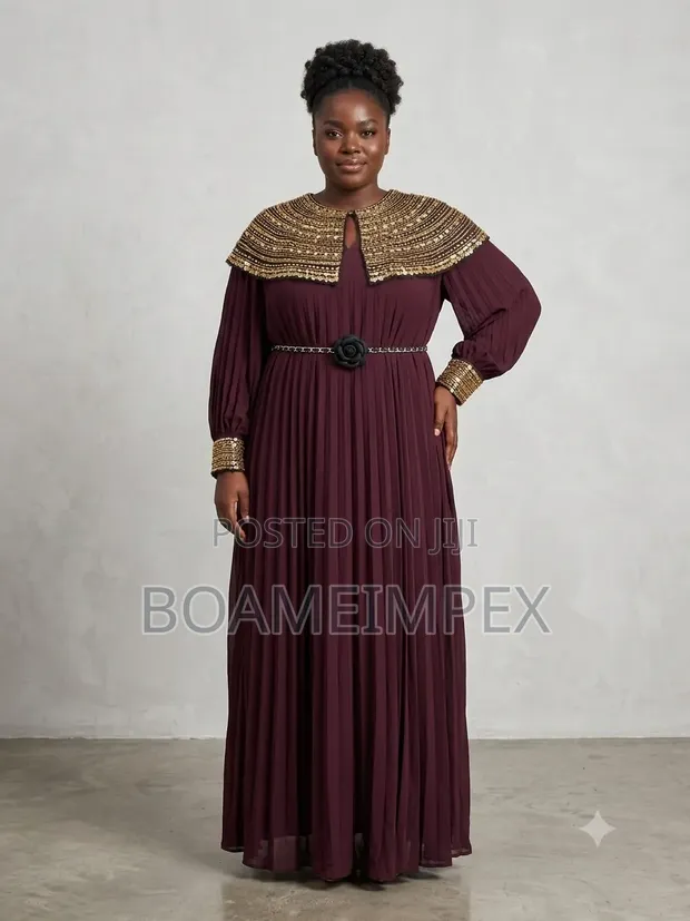 Elegance White/Wine Pleated Evening Gown with Beaded Collar - 1