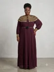 Elegance White/Wine Pleated Evening Gown with Beaded Collar - 1