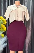 Beige Crop Shirt & Burgundy Pencil Skirt Set - 2