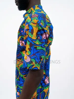 Men's African Print Short Sleeve Shirt - Blue/Gold