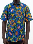 Men's African Print Short Sleeve Shirt - Blue/Gold - 3
