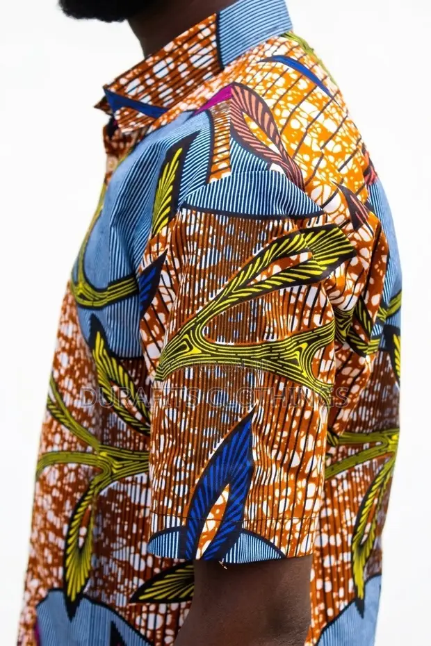 Men's Short Sleeve Batik Shirt - Brown, Blue Green Leaf - 1