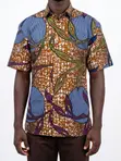 Men's Short Sleeve Batik Shirt - Brown, Blue Green Leaf - 3