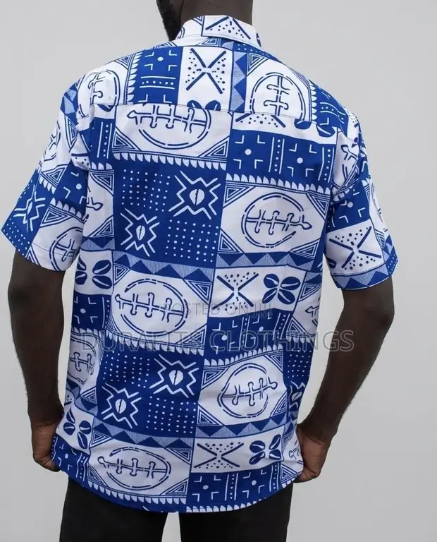 Men's Blue & White African Adinkra Print Short Sleeve Shirt - 1