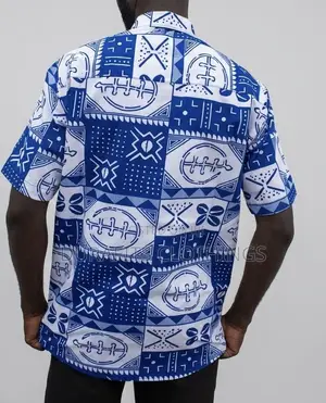 Men's Blue & White African Adinkra Print Short Sleeve Shirt