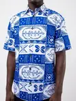 Men's Blue & White African Adinkra Print Short Sleeve Shirt - 4